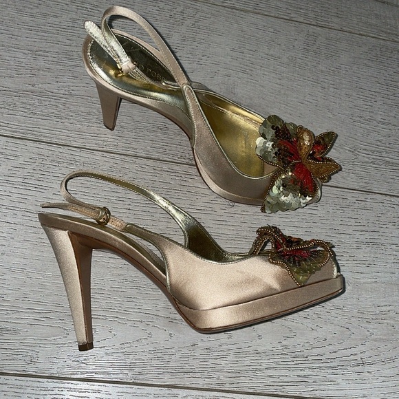Sergio Rossi platform heel floral sequin toe Y2K vintage square toe gorgeous 9.5 - Picture 6 of 14